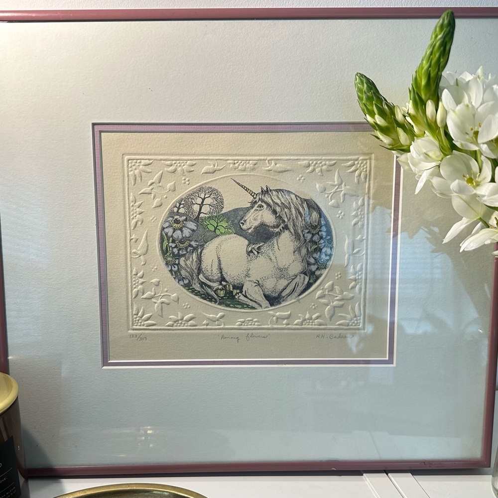 SOLD - Vintage Original Art - Framed Unicorn Etching - RH Badeau